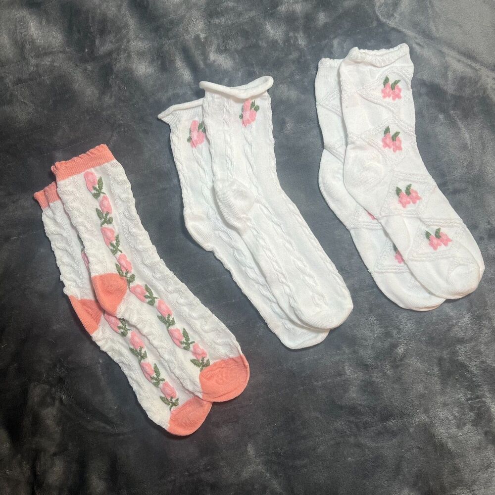 Set of 3 Floral Socks Coquette Cottage Ballet Retro Fairy Grandma Soft Girl 90s